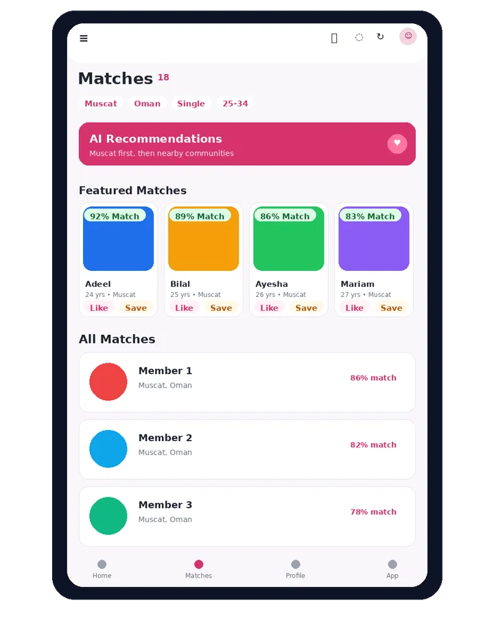 Muklawa smart matches screen for Muscat