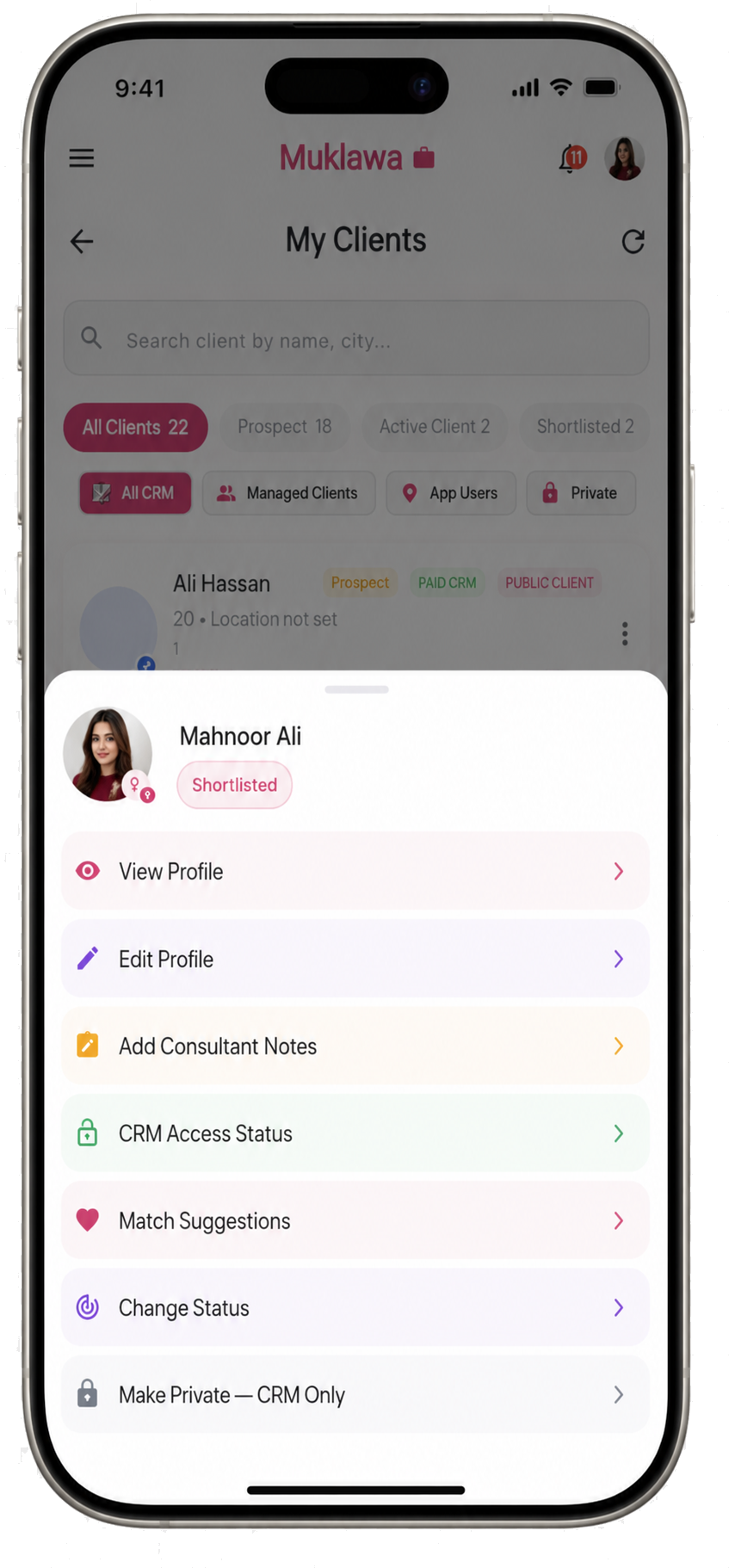 Client Actions Drawer Client Actions Drawer screen in the Muklawa marriage consultant app