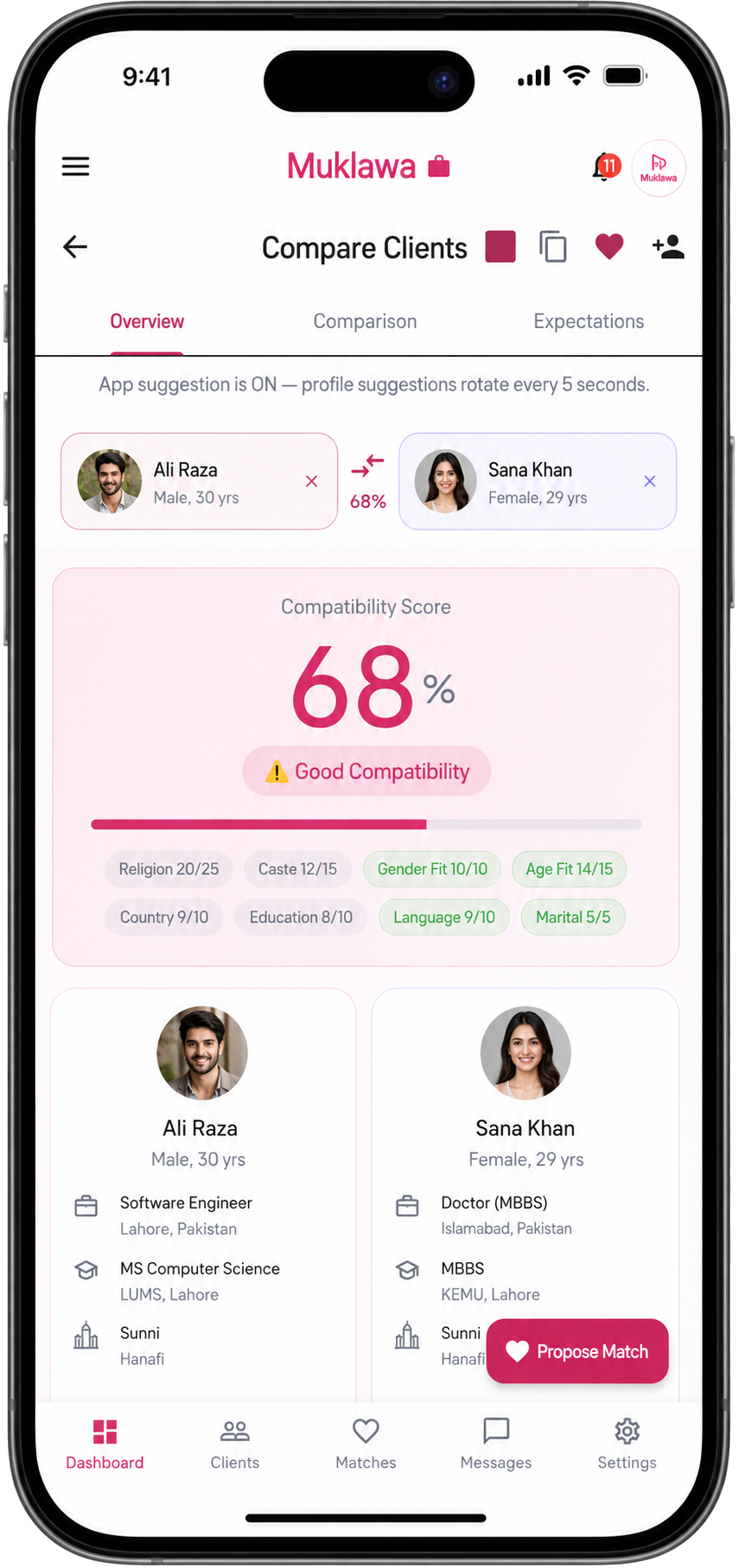 Client Compatibility Comparison screen in the Muklawa marriage consultant app