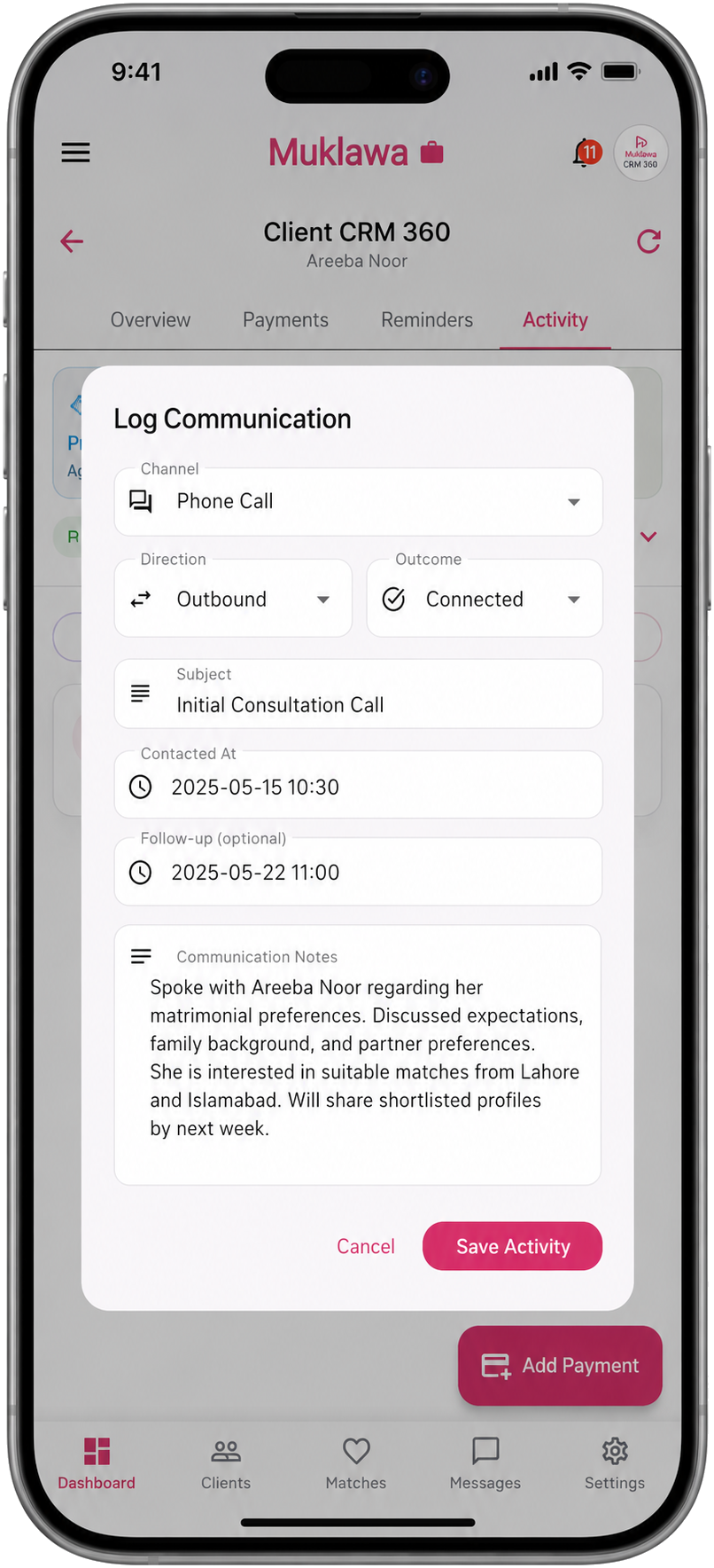 Client CRM 360 Communications Client CRM 360 Communications screen in the Muklawa marriage consultant app