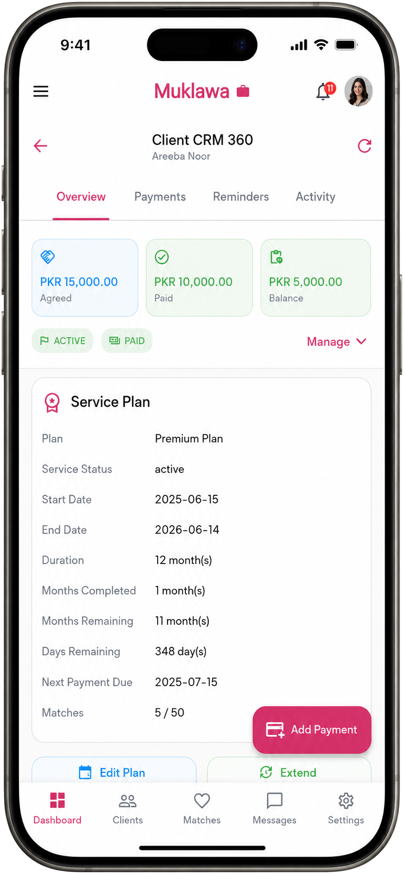 Client CRM Overview Client CRM Overview screen in the Muklawa marriage consultant app