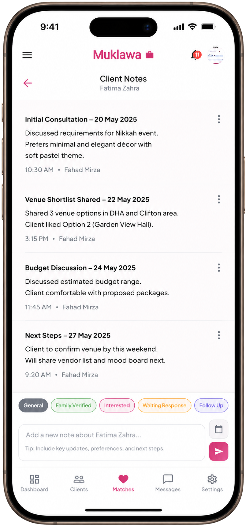 Client Detail Record Client Detail Record screen in the Muklawa marriage consultant app