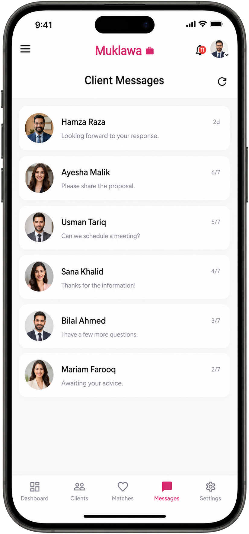 Client Messages screen in the Muklawa marriage consultant app
