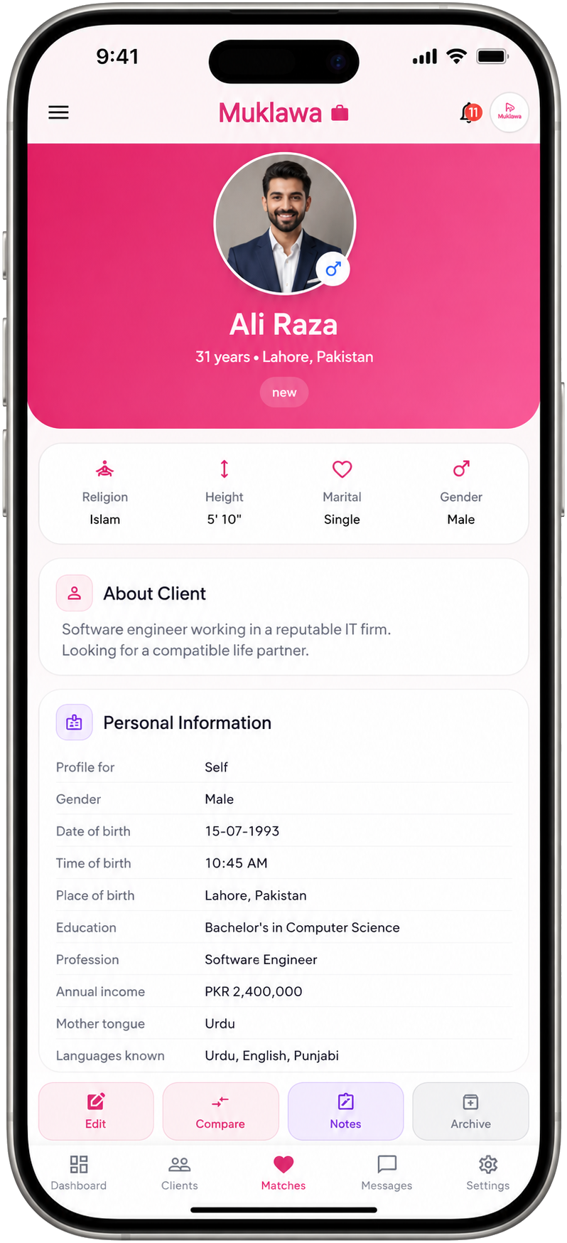 Client Profile Detail Client Profile Detail screen in the Muklawa marriage consultant app