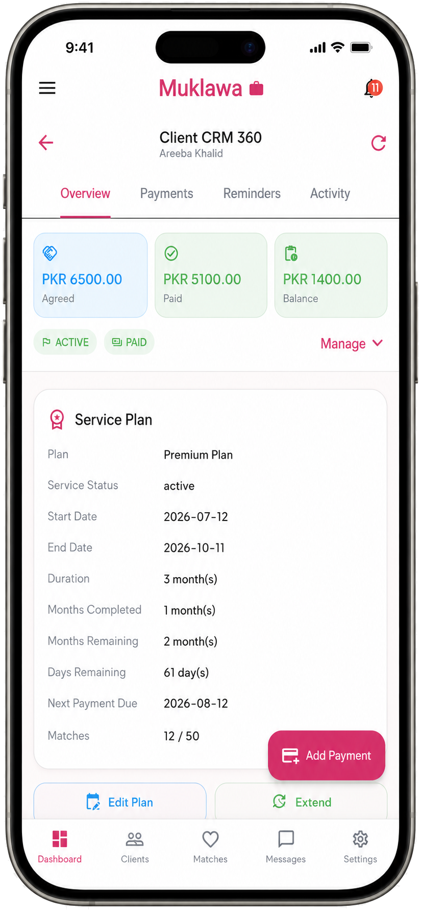 Client Service Plan Overview Client Service Plan Overview screen in the Muklawa marriage consultant app