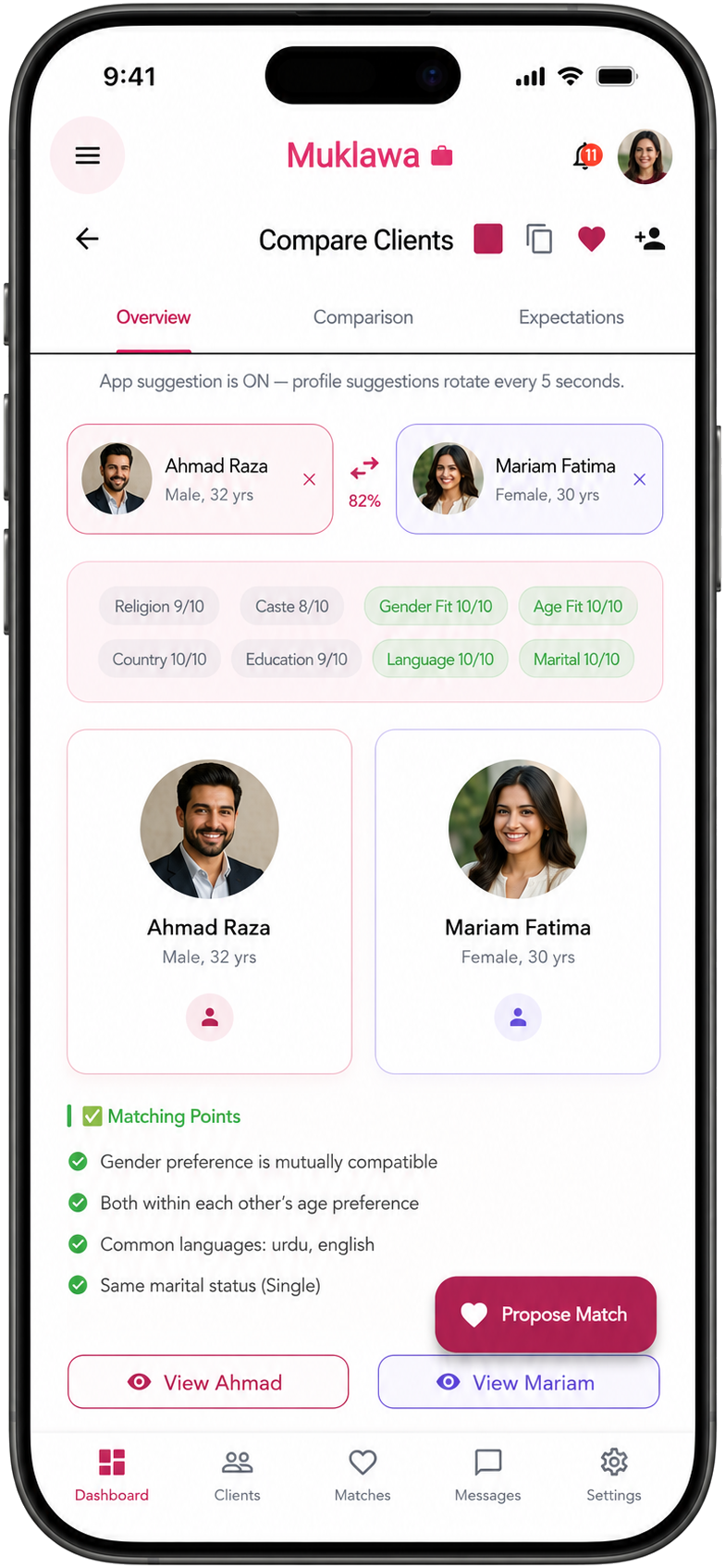 Compare Clients Shortlist Compare Clients Shortlist screen in the Muklawa marriage consultant app
