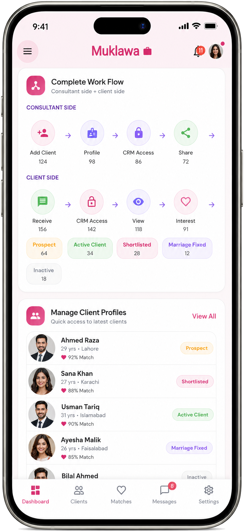 Complete Matches Dashboard Complete Matches Dashboard screen in the Muklawa marriage consultant app