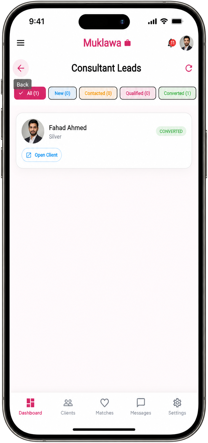 Consultant Leads Consultant Leads screen in the Muklawa marriage consultant app
