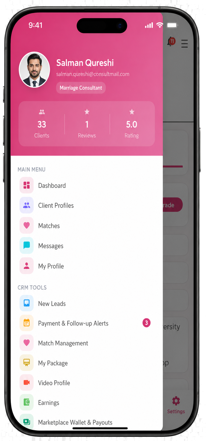 Consultant Menu Drawer Consultant Menu Drawer screen in the Muklawa marriage consultant app