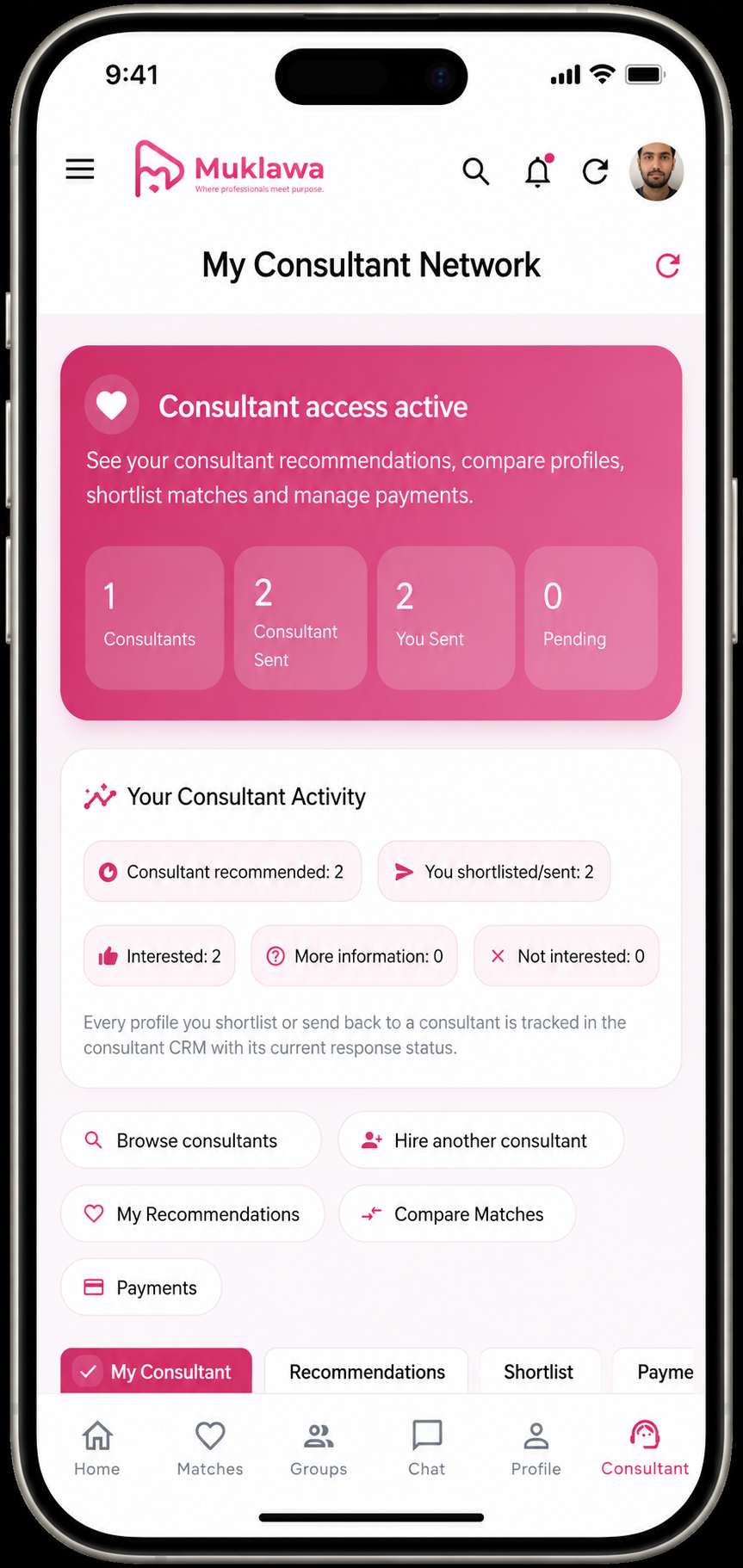Consultant Network Consultant Network screen in the Muklawa marriage consultant app