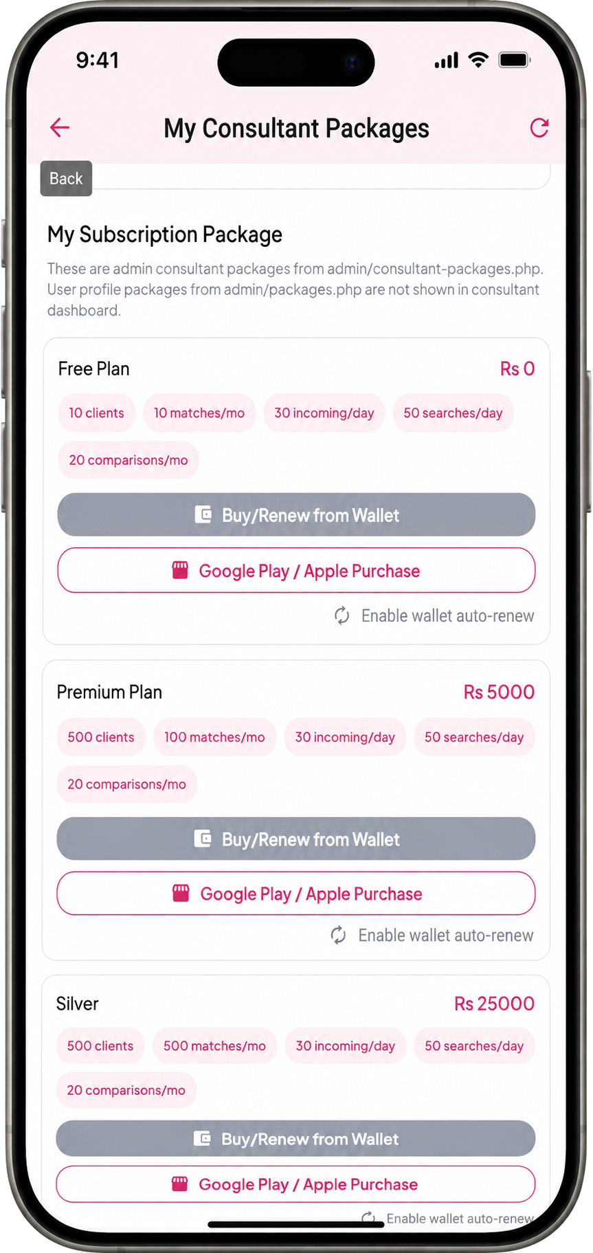 Consultant Packages Overview Consultant Packages Overview screen in the Muklawa marriage consultant app