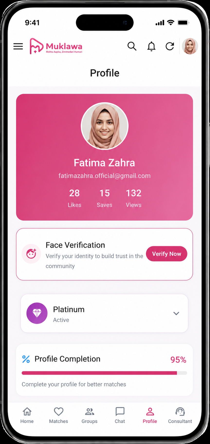 Consultant Profile Overview Consultant Profile Overview screen in the Muklawa marriage consultant app