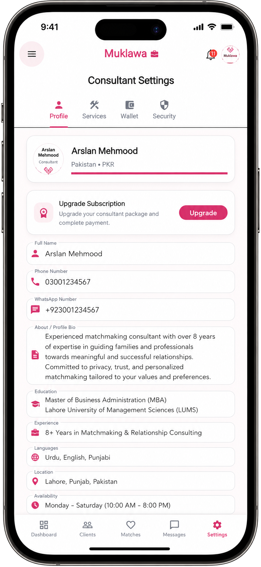 Consultant Settings Consultant Settings screen in the Muklawa marriage consultant app