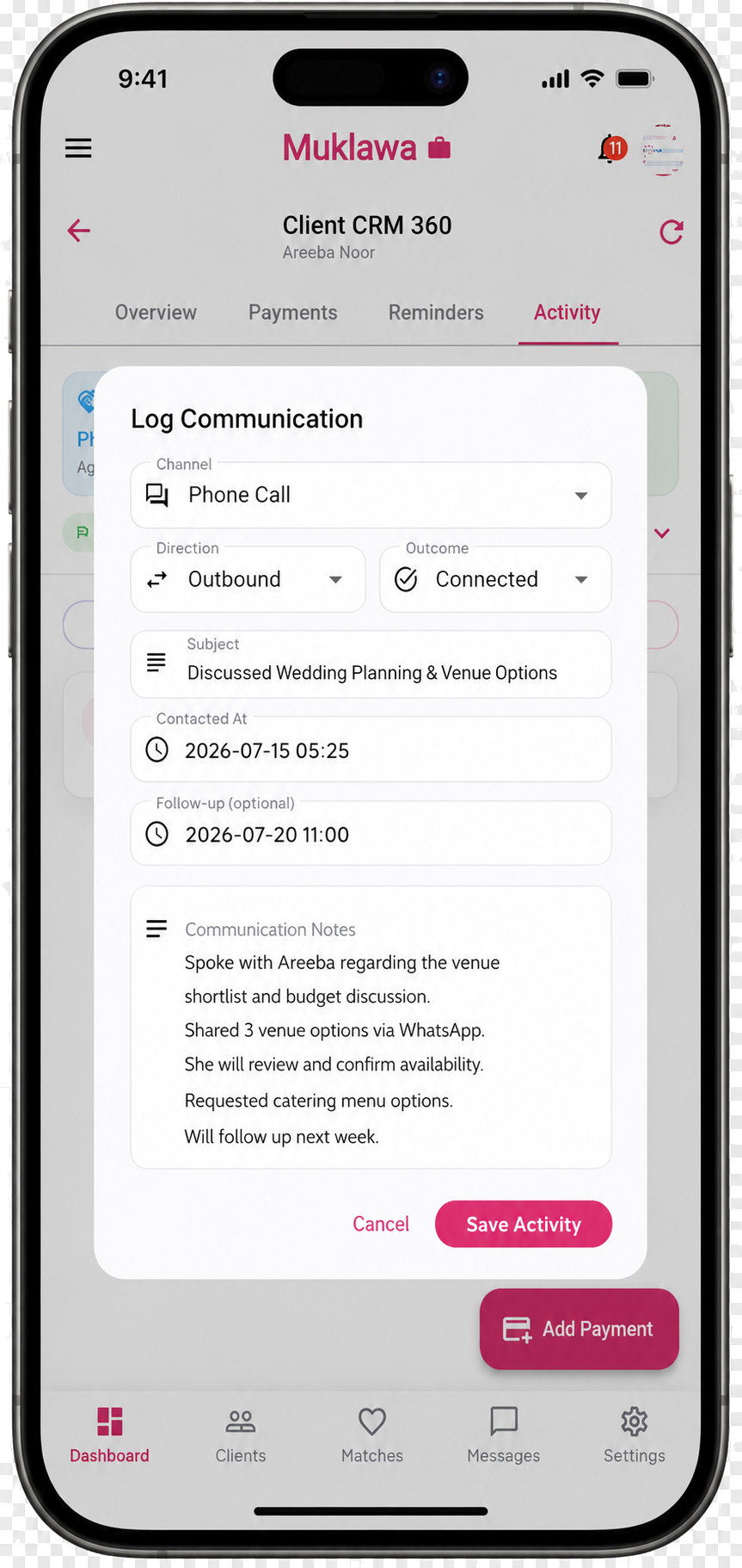 CRM Communication Modal CRM Communication Modal screen in the Muklawa marriage consultant app