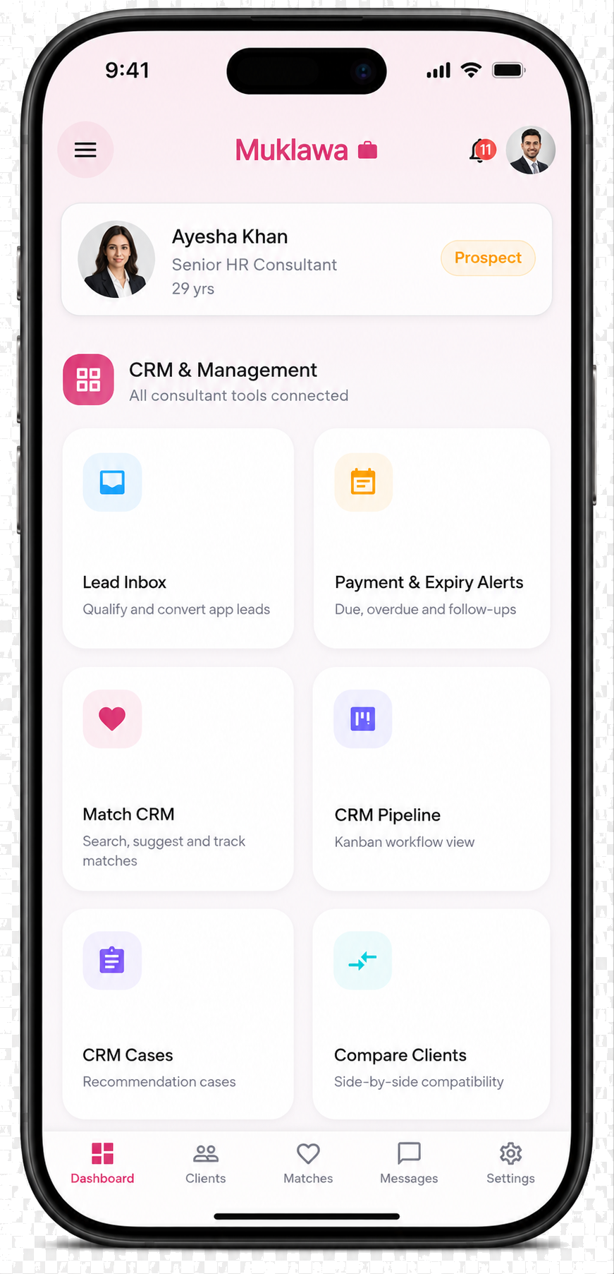 CRM Management Dashboard screen in the Muklawa marriage consultant app