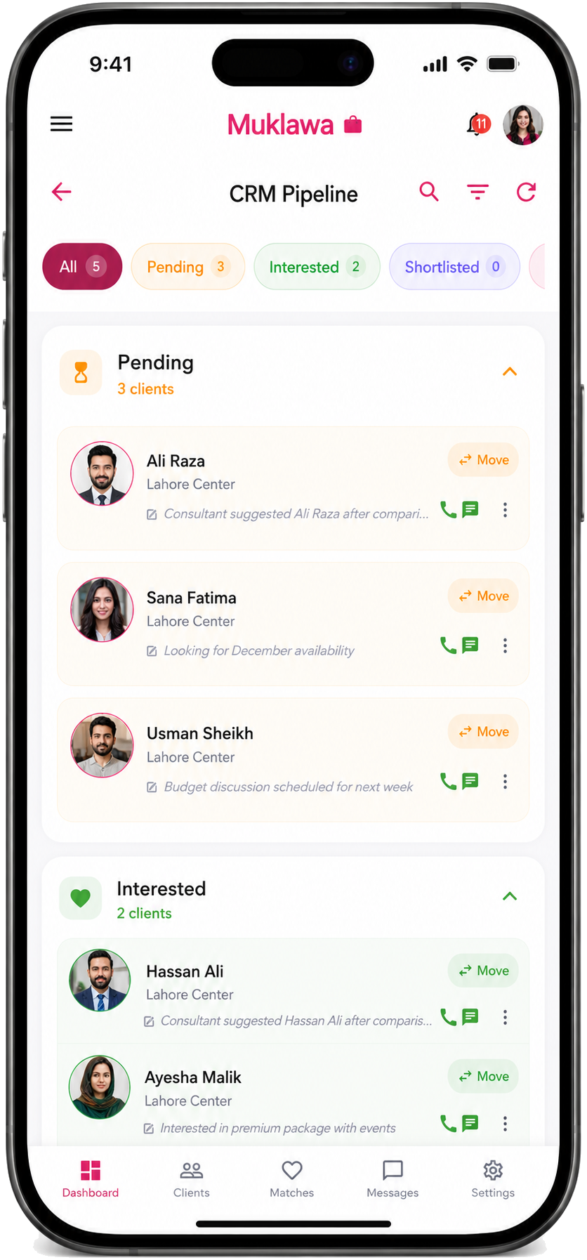 CRM Pipeline screen in the Muklawa marriage consultant app