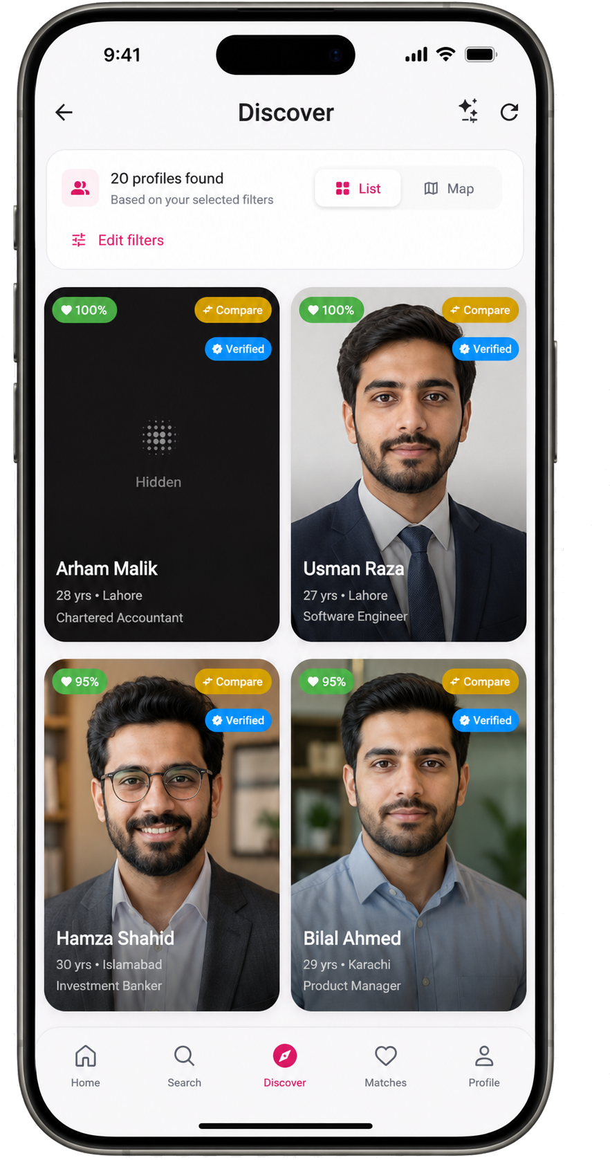 Discover Profiles Discover Profiles screen in the Muklawa marriage consultant app