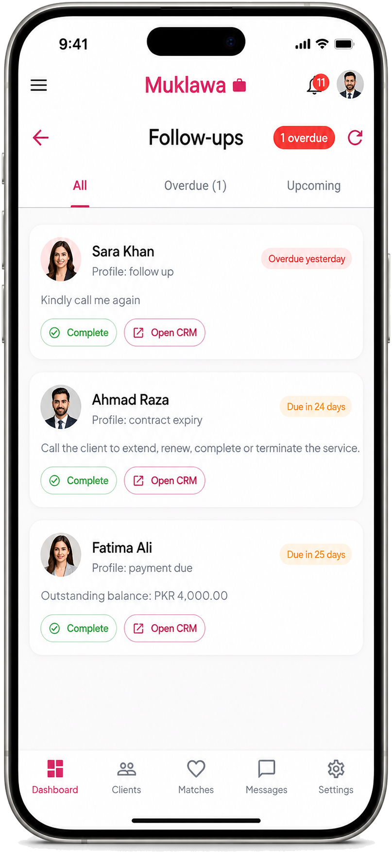Follow-Ups Manager Follow-Ups Manager screen in the Muklawa marriage consultant app