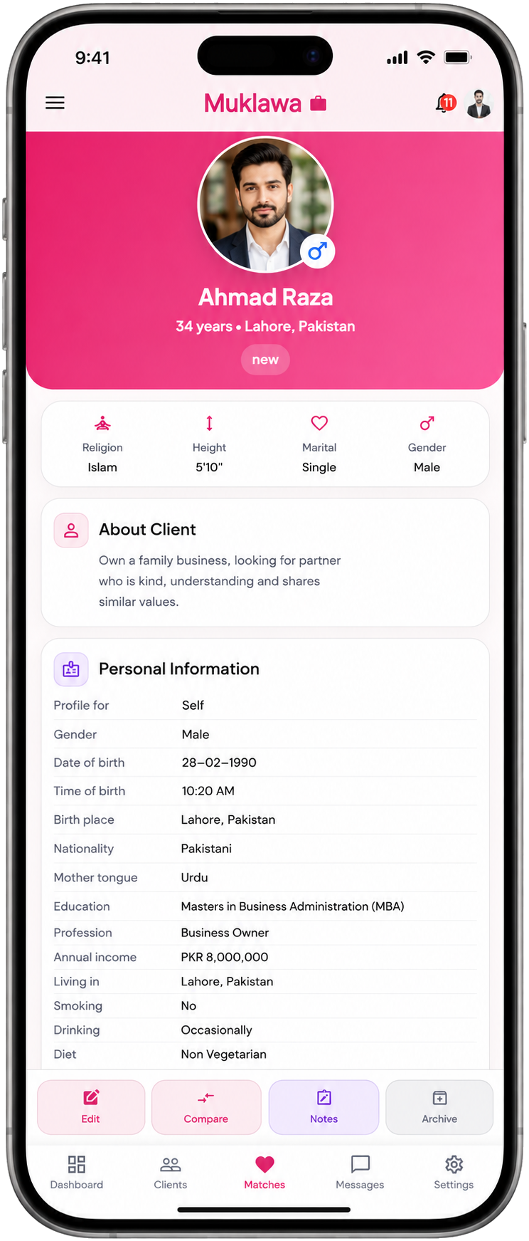 Managed Client Profile Managed Client Profile screen in the Muklawa marriage consultant app