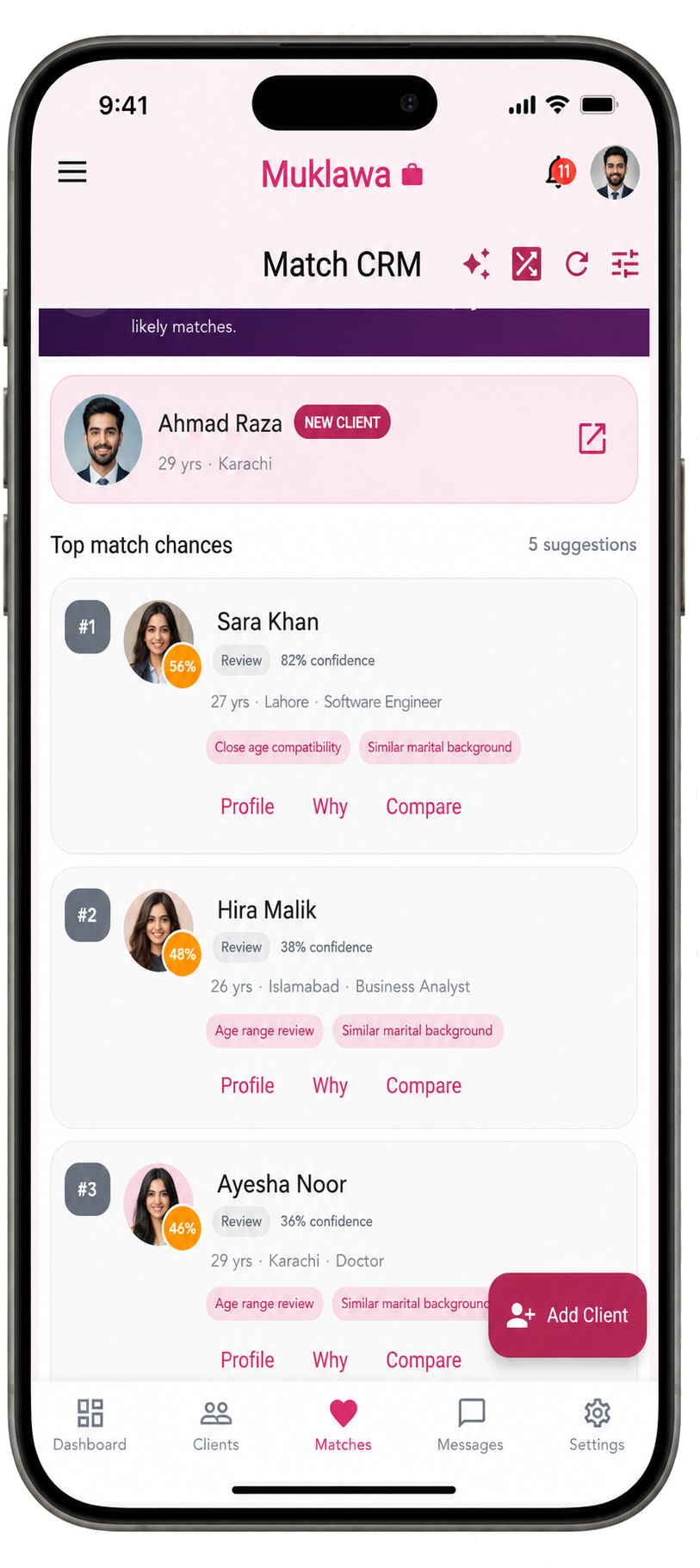 Match CRM Feed Match CRM Feed screen in the Muklawa marriage consultant app