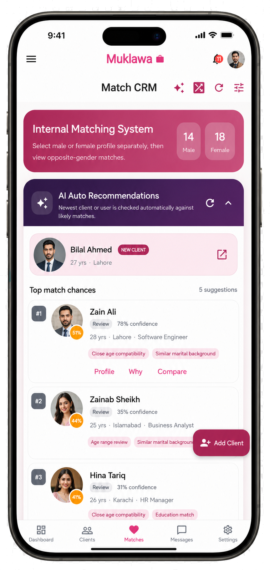 Match CRM Recommendations Match CRM Recommendations screen in the Muklawa marriage consultant app