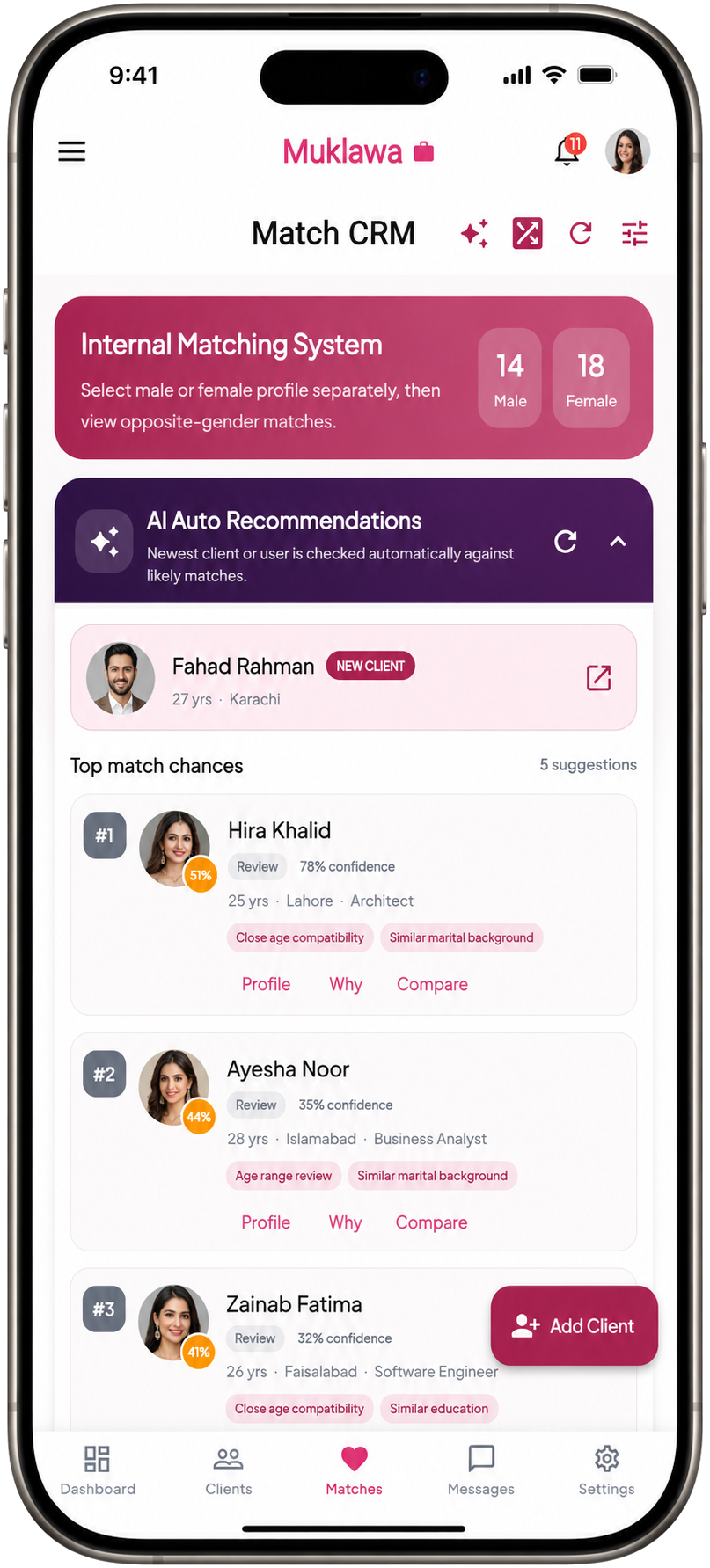 Match CRM Workspace Match CRM Workspace screen in the Muklawa marriage consultant app
