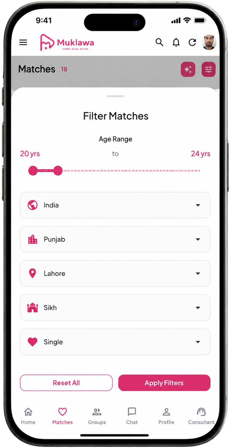 Match Filters Match Filters screen in the Muklawa marriage consultant app