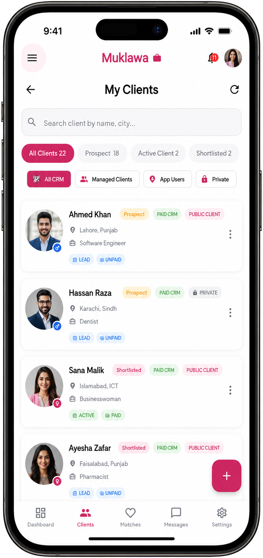 My Clients List My Clients List screen in the Muklawa marriage consultant app