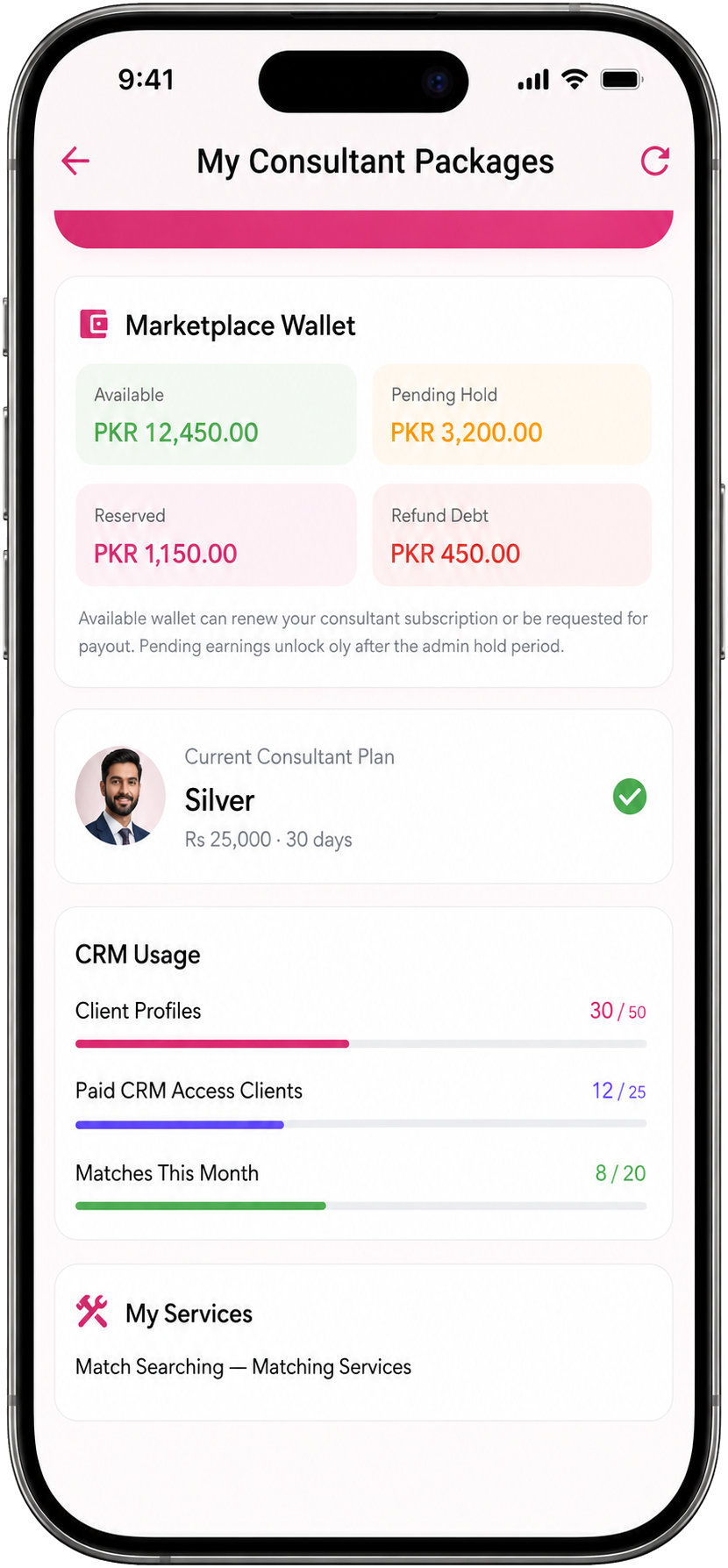 My Consultant Package My Consultant Package screen in the Muklawa marriage consultant app