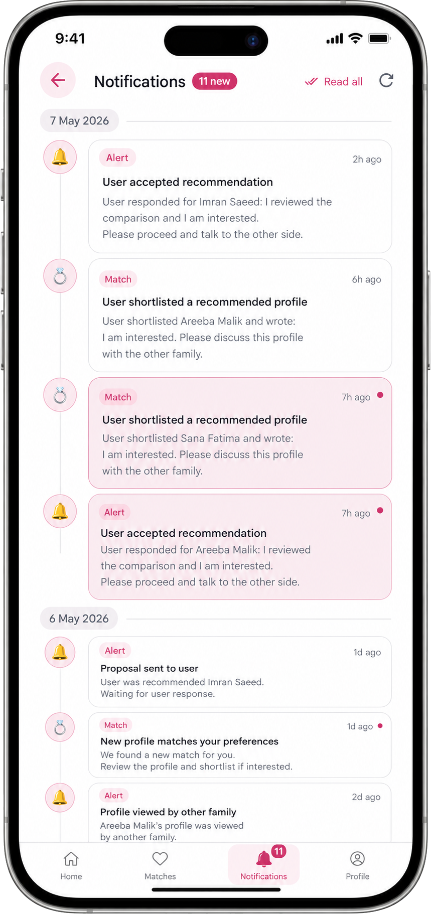 Notification Center Notification Center screen in the Muklawa marriage consultant app