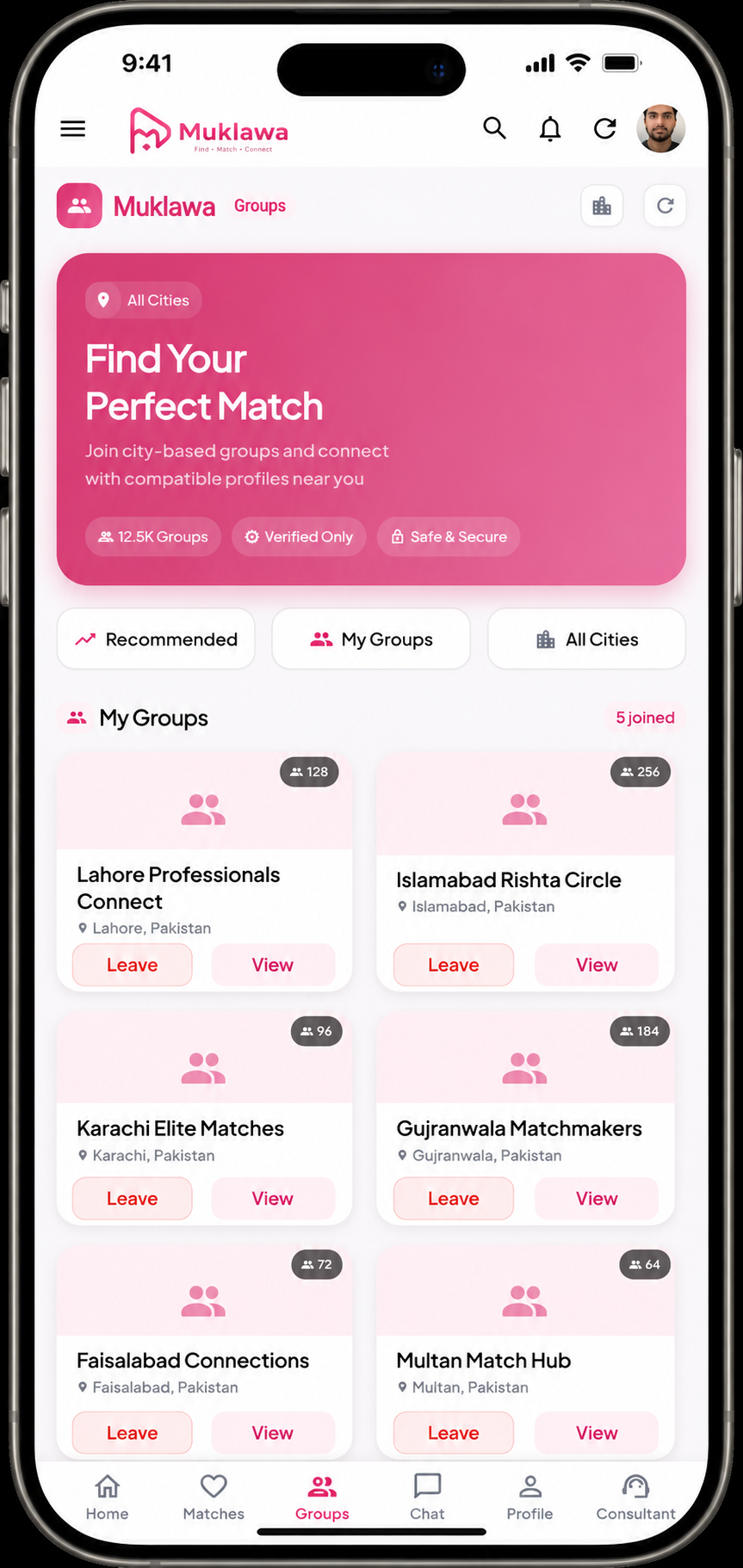 Perfect Match Discovery Perfect Match Discovery screen in the Muklawa marriage consultant app