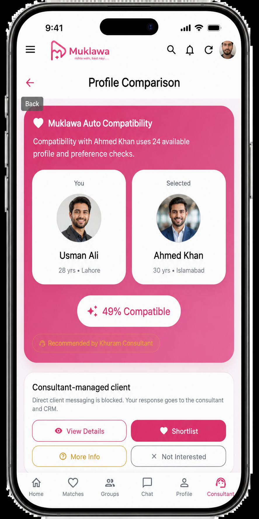 Profile Compatibility Profile Compatibility screen in the Muklawa marriage consultant app
