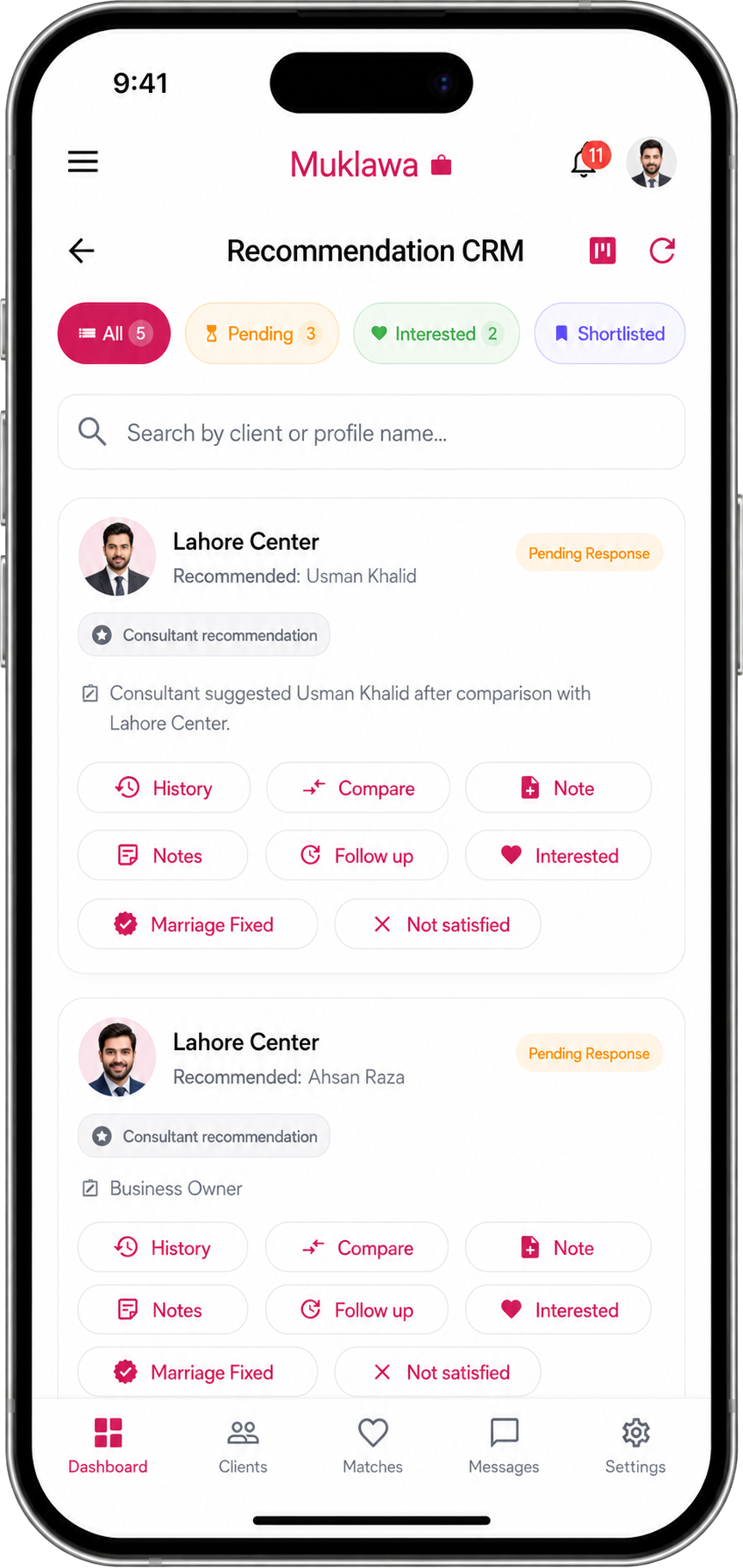 Recommendation CRM Recommendation CRM screen in the Muklawa marriage consultant app