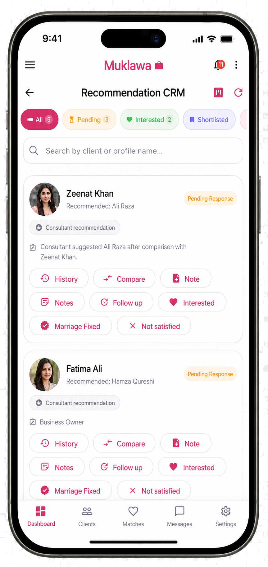Recommendation CRM Overview Recommendation CRM Overview screen in the Muklawa marriage consultant app