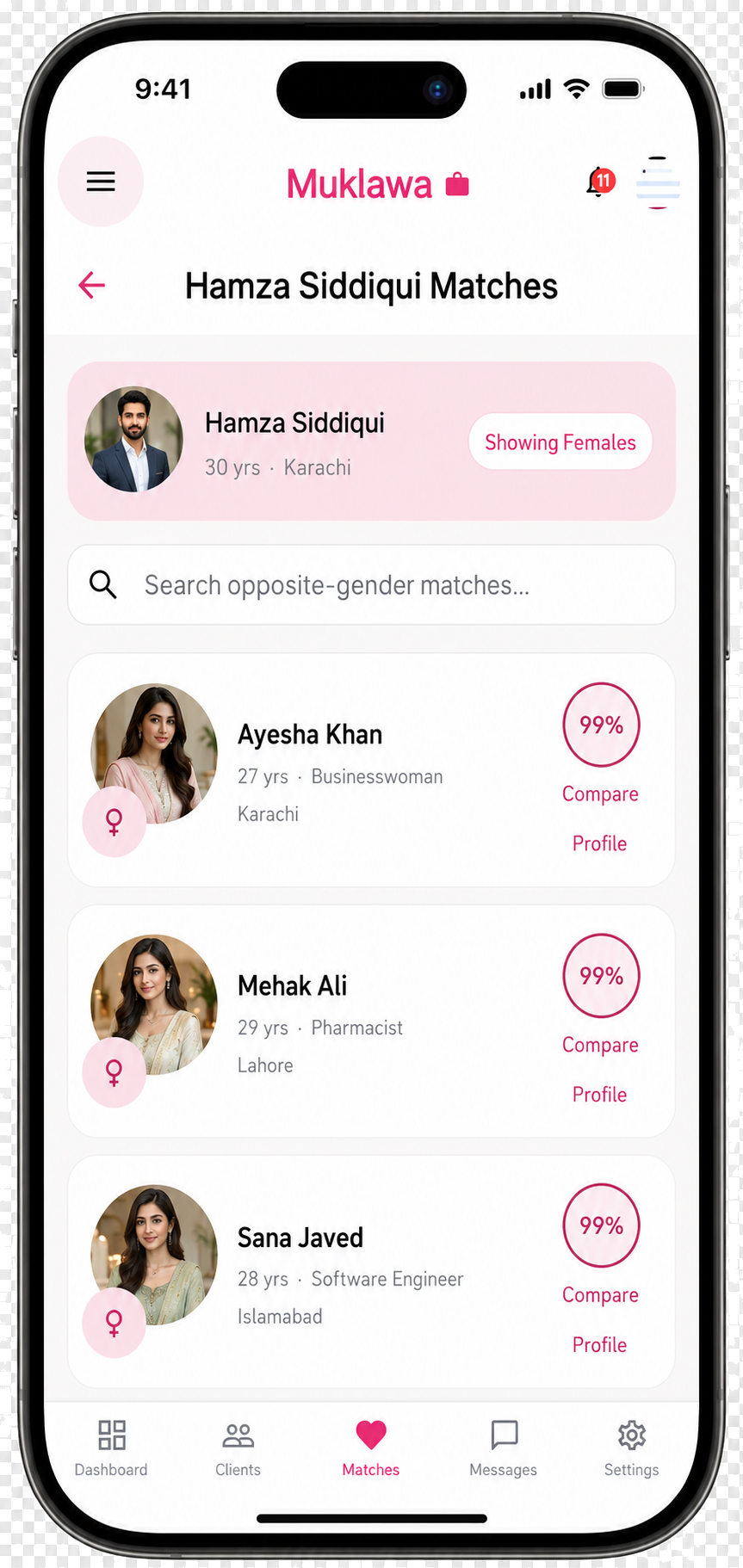Suggested Matches List Suggested Matches List screen in the Muklawa marriage consultant app