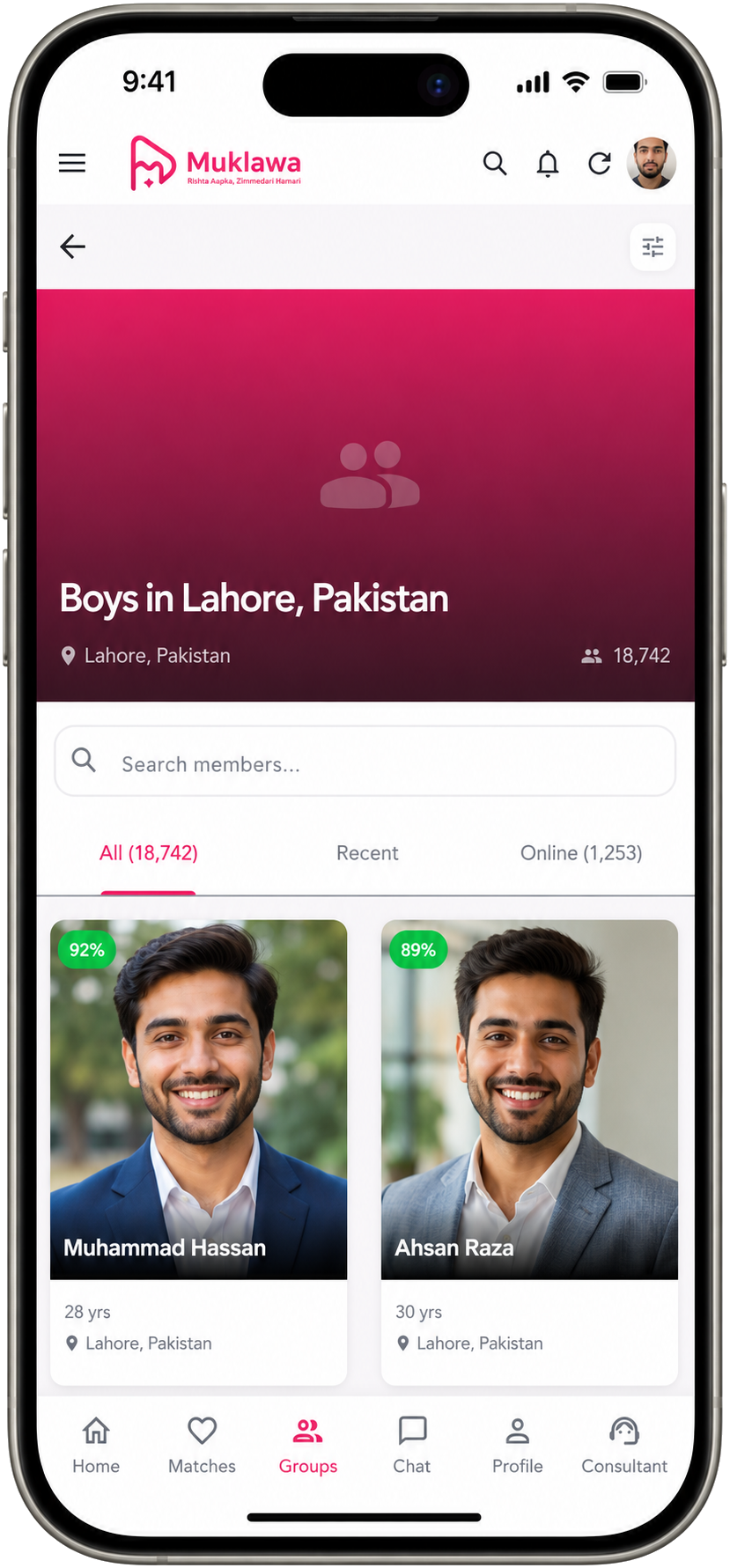 User Group and Community Screen User Group and Community Screen screen in the Muklawa marriage consultant app