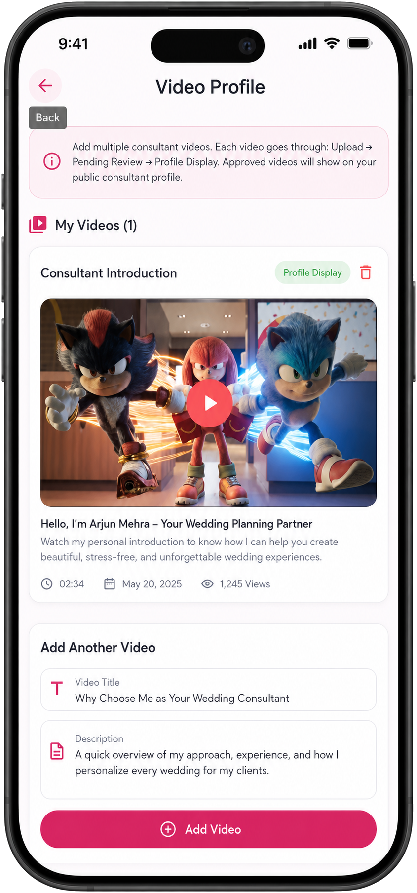 Video Profile Video Profile screen in the Muklawa marriage consultant app